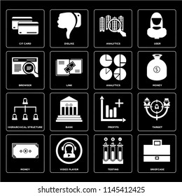 Set Of 16 icons such as Briefcase, Testing, Video player, Money, Target, Cit card, Browser, Hierarchical structure, Analytics, web UI editable icon pack, pixel perfect