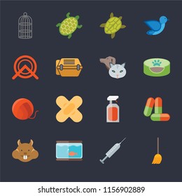 Set Of 16 icons such as Broom, Injection, Aquarium, Hamster, Drugs, Cage, Wheel, Yarn, Pet on black background, web UI editable icon pack