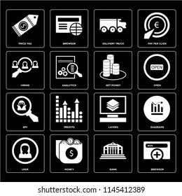 Set Of 16 icons such as Browser, Bank, Money, User, Diagrams, Price tag, Hiring, Spy, Get money, web UI editable icon pack, pixel perfect