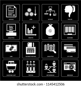 Set Of 16 icons such as Browser, Networking, Testing, Shopping cart, Cit card, Invoice, Analytics, Link, Money, web UI editable icon pack, pixel perfect
