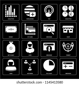 Set Of 16 icons such as Browser, Pie chart, Network, User, Target, Analytics, Money, Get money, web UI editable icon pack, pixel perfect