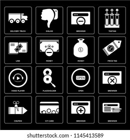 Set Of 16 icons such as Browser, Cit card, Coupon, Delivery truck, Link, Video player, Money, web UI editable icon pack, pixel perfect