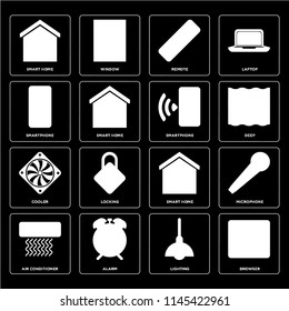 Set Of 16 icons such as Browser, Lighting, Alarm, Air conditioner, Microphone, Smart home, Smartphone, Cooler, web UI editable icon pack, pixel perfect