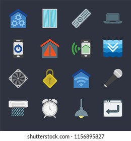 Set Of 16 icons such as Browser, Lighting, Alarm, Air conditioner, Microphone, Smart home, Smartphone, Cooler, Smartphone on black background, web UI editable icon pack
