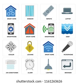 Set Of 16 icons such as Browser, Lighting, Alarm, Air conditioner, Microphone, Smart home, Smartphone, Cooler, web UI editable icon pack, pixel perfect