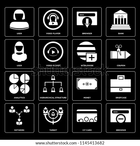 Set Of 16 icons such as Browser, Cit card, Target, Network, Briefcase, User, Analytics, Worldwide, web UI editable icon pack, pixel perfect