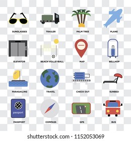 Set Of 16 icons such as Bus, Gps, Compass, Passport, Sunbed, Sunglasses, Elevator, Parasailing, Map on transparent background, pixel perfect