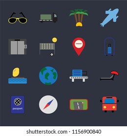 Set Of 16 icons such as Bus, Gps, Compass, Passport, Sunbed, Sunglasses, Elevator, Parasailing, Map on black background, web UI editable icon pack