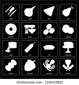 Set Of 16 icons such as Butcher, Octopus, Hazelnut, Coffee, Pancakes, Knives, Doughnut, Seeds, Pistachio, web UI editable icon pack, pixel perfect