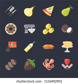 Set Of 16 icons such as Butcher, Octopus, Hazelnut, Coffee, Pancakes, Knives, Doughnut, Seeds, Pistachio on black background, web UI editable icon pack