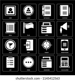 Set Of 16 icons such as Calculator, Unlocked, More, List, Smartphone, User, Menu, Flag, Lock, web UI editable icon pack, pixel perfect