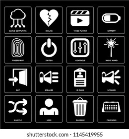 Set Of 16 icons such as Calendar, Garbage, User, Shuffle, Speaker, Cloud computing, Fingerprint, Exit, Controls, web UI editable icon pack, pixel perfect