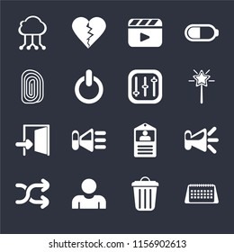 Set Of 16 icons such as Calendar, Garbage, User, Shuffle, Speaker, Cloud computing, Fingerprint, Exit, Controls on black background, web UI editable icon pack