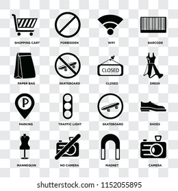 Set Of 16 icons such as Camera, Magnet, No camera, Mannequin, Shoes, Shopping cart, Paper bag, Parking, Closed on transparent background, pixel perfect