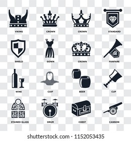 Set Of 16 icons such as Cannon, Chest, Drum, Stained glass, Cup, Viking, Shield, Wine, Crown on transparent background, pixel perfect