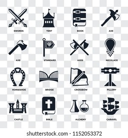 Set Of 16 icons such as Caravel, Alchemy, Bible, Castle, Pillory, Swords, Axe, Horseshoe, Axes on transparent background, pixel perfect