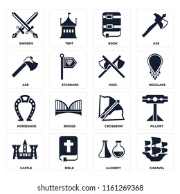 Set Of 16 icons such as Caravel, Alchemy, Bible, Castle, Pillory, Swords, Axe, Horseshoe, Axes, web UI editable icon pack, pixel perfect