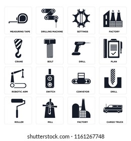 Set Of 16 icons such as Cargo truck, Factory, Mill, Roller, Drill, Measuring tape, Crane, Robotic arm, web UI editable icon pack, pixel perfect