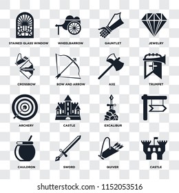 Set Of 16 icons such as Castle, Quiver, Sword, Cauldron, , Stained glass window, Crossbow, Archery, Axe on transparent background, pixel perfect