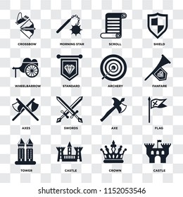 Set Of 16 icons such as Castle, Crown, Tower, Flag, Crossbow, Wheelbarrow, Axes, Archery on transparent background, pixel perfect