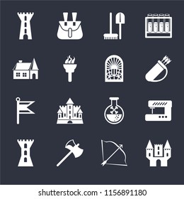 Set Of 16 icons such as Castle, Bow and arrow, Axe, Tower, Sewing machine, House, Flag, Stained glass window on black background, web UI editable icon pack
