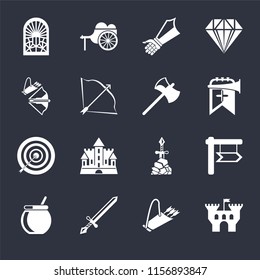 Set Of 16 icons such as Castle, Quiver, Sword, Cauldron, , Stained glass window, Crossbow, Archery, Axe on black background, web UI editable icon pack