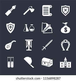 Set Of 16 icons such as Castle, Chest, Hat, Alchemy, Horseshoe, Bladder pipe, Shield, Lute, Crossbow on black background, web UI editable icon pack