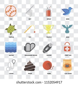 Set Of 16 icons such as Cat food, Yarn, Poop, Leash, First aid, Toy, Turtle, Water, Trophy on transparent background, pixel perfect