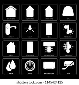 Set Of 16 icons such as Cctv, Air conditioner, Power, Water, Thermostat, Smart home, Doorknob, Home, Mobile, web UI editable icon pack, pixel perfect