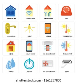 Set Of 16 icons such as Cctv, Air conditioner, Power, Water, Thermostat, Smart home, Doorknob, Home, Mobile, web UI editable icon pack, pixel perfect