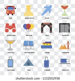 Set Of 16 icons such as Check out, Luggage, Tent, Suitcases, Landmark, Bus, Binoculars, Cocktail, Arch on transparent background, pixel perfect