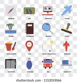 Set Of 16 icons such as Check out, Bus, Luggage, Elevator, Airplane, Compass, Island, Sand bucket, Search on transparent background, pixel perfect