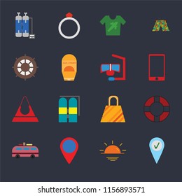 Set Of 16 icons such as Check in, Sunset, Location, Minivan, Lifebuoy, Oxygen tank, Helm, Purse, Snorkel on black background, web UI editable icon pack