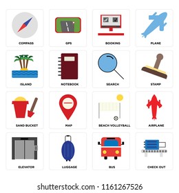 Set Of 16 icons such as Check out, Bus, Luggage, Elevator, Airplane, Compass, Island, Sand bucket, Search, web UI editable icon pack, pixel perfect
