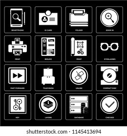 Set Of 16 icons such as Checked, Database, Layers, Key, Compact disc, Smartphone, Print, Fast forward, print, web UI editable icon pack, pixel perfect