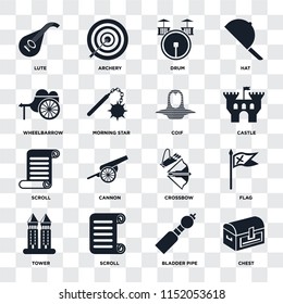 Set Of 16 icons such as Chest, Bladder pipe, Scroll, Tower, Flag, Lute, Wheelbarrow, Coif on transparent background, pixel perfect