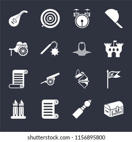 Set Of 16 icons such as Chest, Bladder pipe, Scroll, Tower, Flag, Lute, Wheelbarrow, Coif on black background, web UI editable icon pack