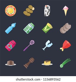 Set Of 16 icons such as Chives, Pancakes, Pepper, Pudding, Ham, Pizza, Water, Jam, Pasta on black background, web UI editable icon pack