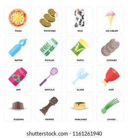 Set Of 16 icons such as Chives, Pancakes, Pepper, Pudding, Ham, Pizza, Water, Jam, Pasta, web UI editable icon pack, pixel perfect
