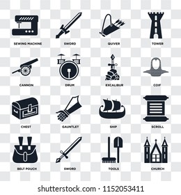 Set Of 16 icons such as Church, Tools, Sword, Belt pouch, Scroll, Sewing machine, Cannon, Chest, Excalibur on transparent background, pixel perfect