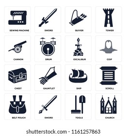 Set Of 16 icons such as Church, Tools, Sword, Belt pouch, Scroll, Sewing machine, Cannon, Chest, Excalibur, web UI editable icon pack, pixel perfect