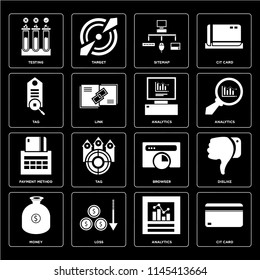 Set Of 16 icons such as Cit card, Analytics, Loss, Money, Dislike, Testing, Tag, Payment method, web UI editable icon pack, pixel perfect