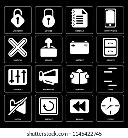 Set Of 16 icons such as Clock, Rewind, Restart, Muted, Lines, Unlocked, Multiply, Controls, Battery, web UI editable icon pack, pixel perfect