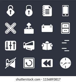 Set Of 16 icons such as Clock, Rewind, Restart, Muted, Lines, Unlocked, Multiply, Controls, Battery on black background, web UI editable icon pack