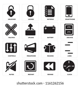 Set Of 16 icons such as Clock, Rewind, Restart, Muted, Lines, Unlocked, Multiply, Controls, Battery, web UI editable icon pack, pixel perfect
