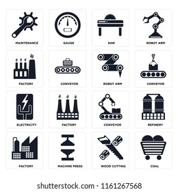Set Of 16 icons such as Coal, Wood cutting, Machine press, Factory, Refinery, Maintenance, Electricity, Robot arm, web UI editable icon pack, pixel perfect