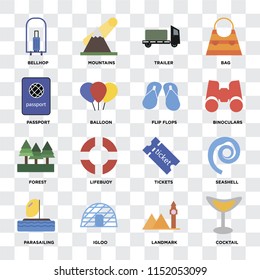 Set Of 16 icons such as Cocktail, Landmark, Igloo, Parasailing, Seashell, Bellhop, Passport, Forest, Flip flops on transparent background, pixel perfect
