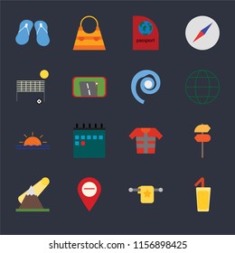 Set Of 16 icons such as Cocktail, Towel, Map, Mountains, Pointer, Flip flops, Beach volleyball, Sunset, Seashell on black background, web UI editable icon pack