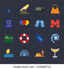 Set Of 16 icons such as Cocktail, Landmark, Igloo, Parasailing, Seashell, Bellhop, Passport, Forest, Flip flops on black background, web UI editable icon pack