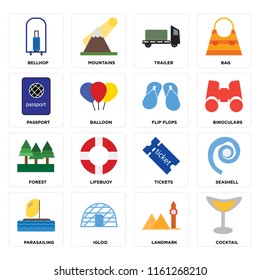 Set Of 16 icons such as Cocktail, Landmark, Igloo, Parasailing, Seashell, Bellhop, Passport, Forest, Flip flops, web UI editable icon pack, pixel perfect